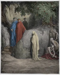 Purgatorio, 23. Gesang: Dante erkennt den Schatten Forese Donatis unter den Schlemmern, Illustration aus Dante Alighieris „Göttlicher Komödie“, 1885